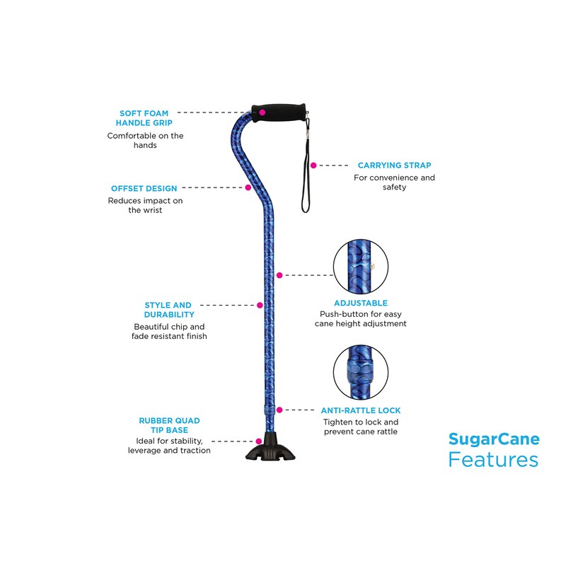 NOVA Sugarcane, Walking Cane with All Terrain Rubber Quad Tip