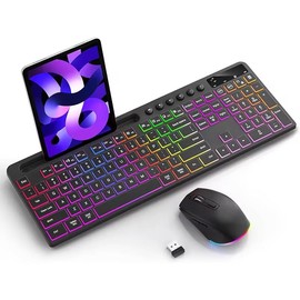 2.4G Wireless Keyboard and Mouse Combo with Rainbow Backlight, Rechargeable Keyboard and Mouse, Full Size with USB Receiver and Cable Rest