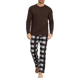 KUYIGO Mens Pajamas Set Long Sleeve 2 Piece Cosy Sleepwear Loungewear Relaxed Fit Nightwear PJs Sets, Coffee M