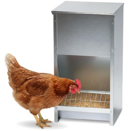 Plexon Steel Poultry Feeder 25lb Capacity – Galvanized Metal Chicken Feeder Turkey Duck Feed Dispenser Wall Mountable Outdoor - Grid to Reduce Waste, No Assembly