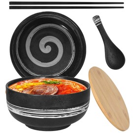 Premium Ramen Bowl Set with Lid, 1500 ml Large Soup Bowl, Salad Bowls for Soup, Pho and Sushi Bowl, Ceramic Soup Bowl, Black Ramen Bowl Set, Includes Sticks, Lid and Spoon