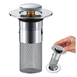Sink Plug with Strainer, Stainless Steel Drain Plug with Hair Strainer, Universal Pop-Up Sink Plug for 34-40 mm Drain Quick Drainage Ideal for Bathroom, Kitchen and Sink