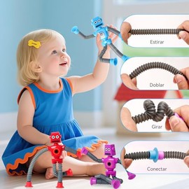 LUHI Juguetes con ventosa retráctil, juguetes robóticos con tubo sensorial de 4 piezas,juguetes de descompresión con ventosas,robots retráctiles,jugue