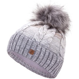 Faera Winter Hat - Warm Lined Faux Fur Bobble Hat - Fleece Lining - Winter Knitted Beanie Hat - Unisex, One Size - Light grey