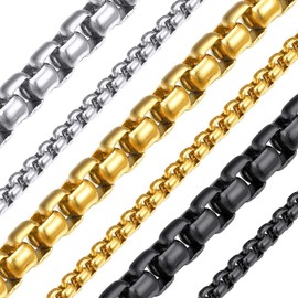 ChainsHouse Venetian Chain 3 mm / 6 mm Stainless Steel Box Chain with Lobster Clasp Silver/Black/Gold Men's Necklace Punk Chain with Choice of Chain Length (18 - 32 inches) for Hip Pop Rappers,
