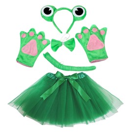 Petitebelle Frog Costume Headband Bowtie Tail Gloves Green Tutu Set for Lady (Green)