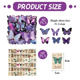 NYGGTYK 40 Butterfly Stickers, 60 Butterfly Material Paper, Purple Butterfly Wall Stickers, DIY Home Glass Wall Decoration Stickers, Scrapbook Stickers