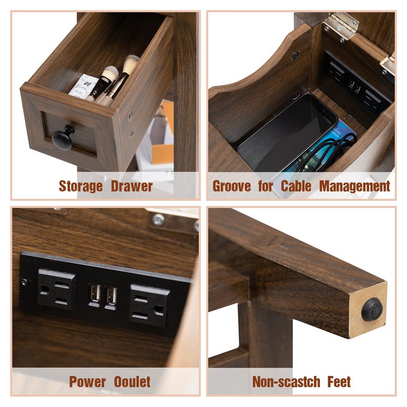 LUSUOWLZ End Table with Movable Top and Charging Station, Narrow