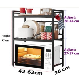 Henmeili Adjustable Expandable Microwave Oven Rack with 6 Hooks – Carbon Steel Over-Counter Shelf for Kitchen Utensil & Tableware Storage (Black, 2-Tier)