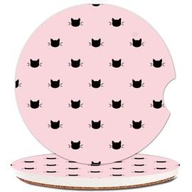 NUGGHU Absorbent Car Cupholder Coaster 2 Pack, Cute Car Coasters with a Finger Notch for Women & Men,2.56" Ceramic Stone & Non-Scratch Cork Base Drink Coasters,Car Accessories Gifts (Cute Cats Pink