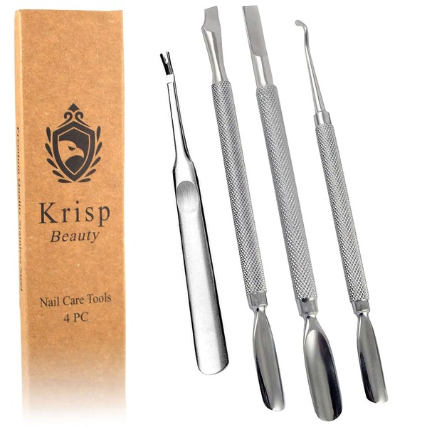 Cuticle Pusher Dual Sided - Sharp Edge Spoon Shaped Double Ended Ingrown Toenail Lifter Remover Trimmer Surgical Medical Grade Stainless Steel Manicure Pedicure Nail Art Care Tools (4 Pc Set) By Krisp