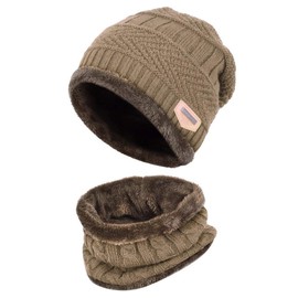 XYIYI Children's Winter Hat and Scarf Set, 2 Pieces Warm Knitted Beanie Hat for 5-14 Years, Khaki1