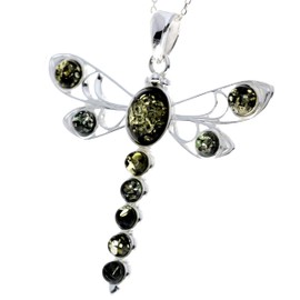 Genuine Green Baltic Amber & Sterling Silver Large Multitone Dragonfly Pendant without Chain - 1861G