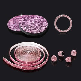 TOMALL 4 Sets Bling Crystal Car Cup Holder Coaster Glitter Engine Start Stop Button Cover Shiny Tire Valve Caps Universal Diamond Trim Strips Interior Exterior Accessories Set for Vehicle (Pink)