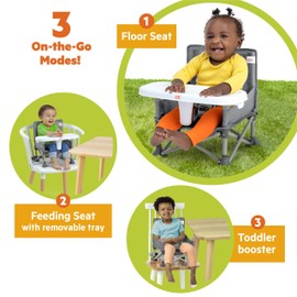 Bright Starts Pop 'N Sit Portable Booster, Indoor/Outdoor Use, Floor Seat with Feeding Tray, Grey, 6 Mos - 3 Yrs