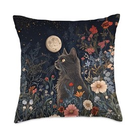 Nebelung Cat Moon Flowers Cottagecore Throw Pillow