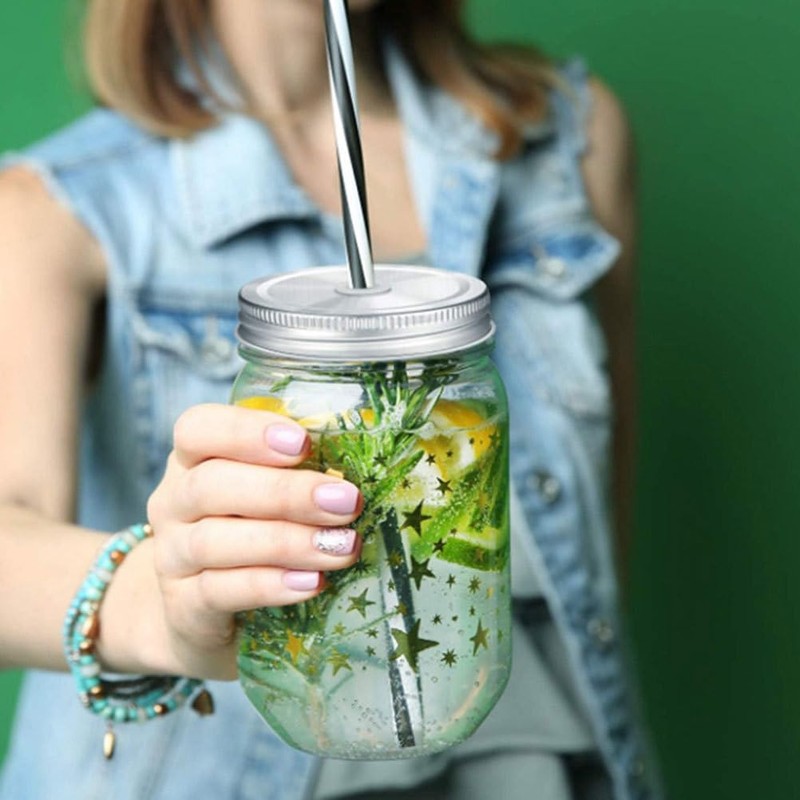 LABRIMP 4pcs Stainless Steel Mason Jar Lids with Straw Hole