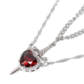18K Gold Plated Stainless Steel Heart Sword Necklace for Couples with Cubic Zirconia Gemstone Sword Pendant through Heart Necklace Matching Set for Women & Men Love & Strength Jewelry Gift (Silver Red)