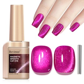 Bevimee Cat Eye Gel Nail Polish Pink, Magnetic Cateye Gel Polish Hot Pink Glitter Holographic With Magnet For Nail Salon DIY At Home