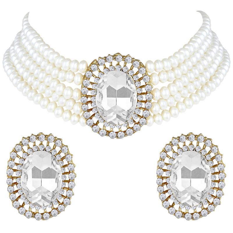 Aheli Kundan Pearl Choker Multi Layered Beaded Collar Aretes Set