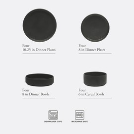 Gibson Elite Deerfield 16-Piece Stoneware Dinnerware Set – Matte Black Reactive Glaze Plates and Bowls, Stackable, Modern Design, Service for 4 – Microwave & Dishwasher Safe