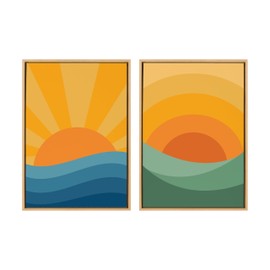 Kate and Laurel Sylvie Sunshine 1 and 2 Framed Canvas Wall Art Set by Carrie Cantwell; 2 Piece Set 23x33 Natural; Modern Colorful Sun Art Set for Wall