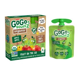 GoGo squeeZ Organic Applesauce, Apple Apple, 3.2 Ounce (4 Pouches), Gluten Free, Vegan Friendly, Unsweetened Applesauce, Recloseable, BPA Free Pouches