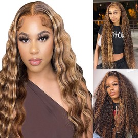 QEUOPE Ombre Blonde Deep Wave Bundles Human Hair P427 Highlight Two Tone Brown and Blonde Deep Curly Wet and Waye Bundles Double Weft Brazilian Hair Extensions 12 14 16 inch