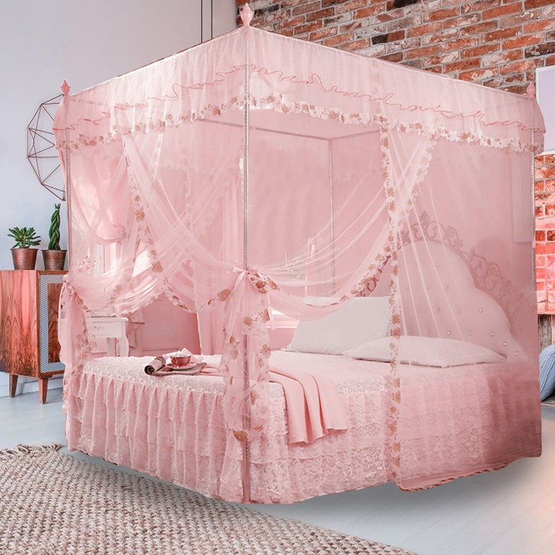 Luxury Princess 3 Side Openings Post Bed Curtain Canopy Netting