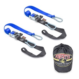PowerTye 1.5in x 6.5ft Heavy-Duty Ratchet Tie-Downs, Made in USA with Soft-Tye and Carabiner Hooks + Storage Bag, Blue/Black (pair)