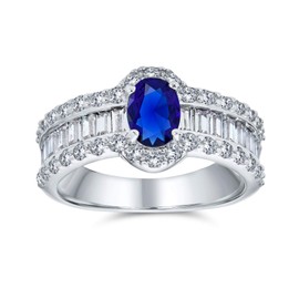 Bling Jewelry Oval Royal Blue Simulated Sapphire Cubic Zirconia CZ side Baguettes Promise Ring For Women Rhodium Sterling Silver