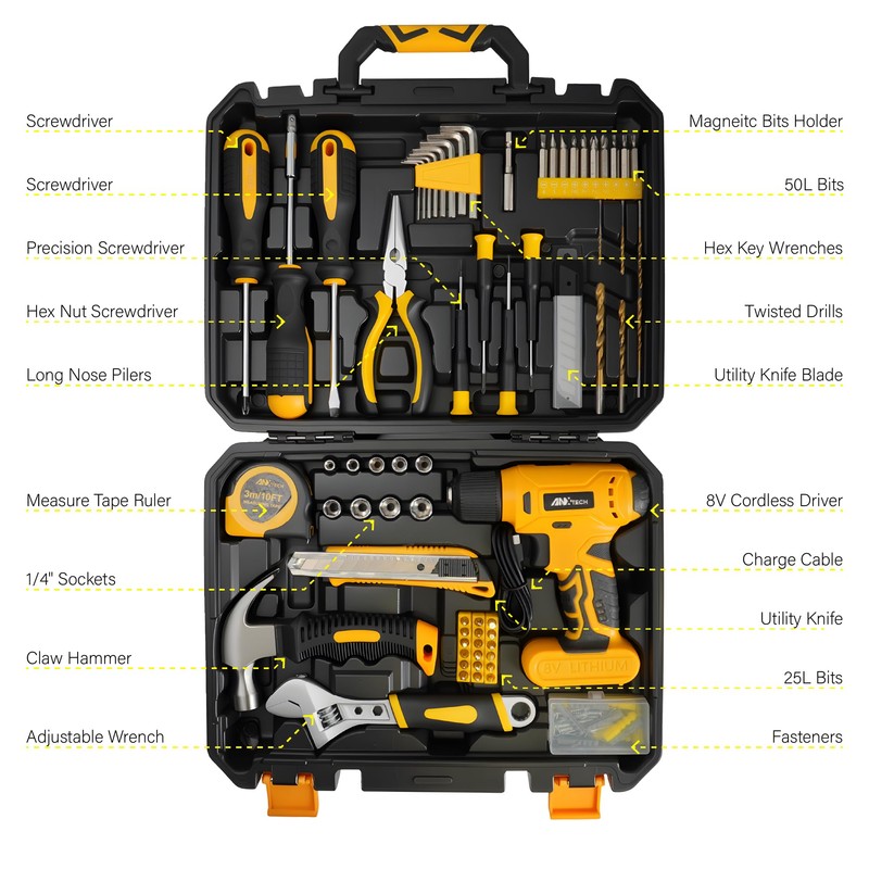 Drill Set, Tool Kit with 8V Power Cordless Drill, Household