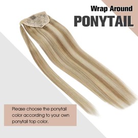 VeSunny 22inch Blonde Human Hair Ponytail Extensions Clip on Wrap Around Ponytail Hairpiece Straight Caramel Blonde Highlighted Bleach Blonde Ponytail Extension 80g/set