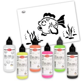 Viva Decor Blob Paint Set Fish + DIN A3 Stencil (6 x 90 ml) Ready-to-Use Colours for Blob Painting - Dot Painting Art, Dotting Tool for Canvas - Made in Germany