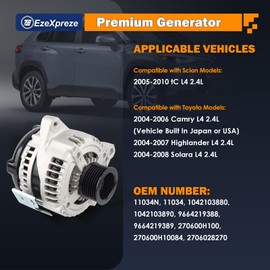 Ezexpreze 11034N Alternator Compatible with Toyota Camry 04-06, Highlander 04-07, Solara 04-08 & Scion tC 05-10, L4 2.4L, 12V 100Amp Clockwise 7-Groove Pulley, OE# 104210-3880, 27060-0H100
