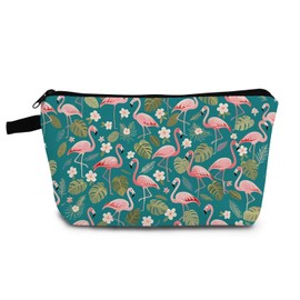 YULUENZE Dark Green Flamingo Makeup Bag Cute Small Organizer Bag with Zipper Monstera Flamingo Cosmetic Bag Aesthetic Birthday Present for Women Friends