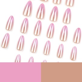 Chrome Press on Nails Medium Almond Fake Nails Pink Ombre False Nails Press ons with Designs Acrylic Nails Full Cover Glossy Glue on Nails Artificial Stick on Nails for Women Nails Decorations 24 Pcs