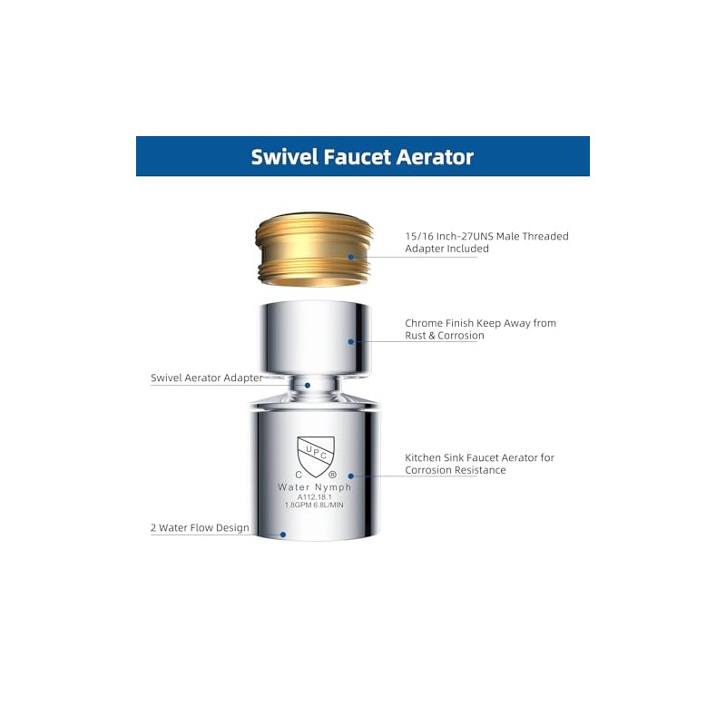 Hibbent NSF/ANSI/CAN 61 Certified Faucet Aerator, CUPC Certification 360° Swivel