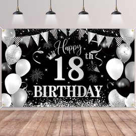 18th Birthday Banner Black Silver, BTZO 18th Birthday Boys, Decoration 18th Birthday Girls, 18th Birthday Background Banner for 18th Party Birthday Decoration