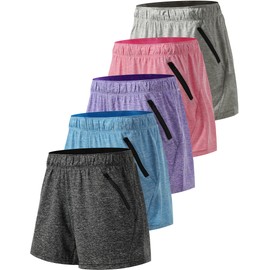 Paquete de 5: pantalones cortos de entrenamiento para mujer, estilo casual, ropa deportiva para mujer, con bolsillos con cierre, Negro jaspeado, azul/púrpura/rosa/gris, Large