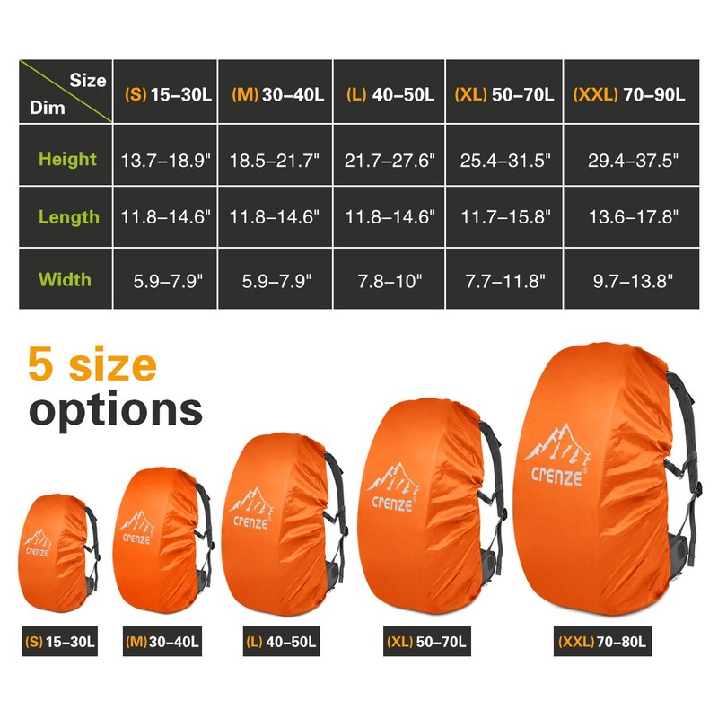 Crenze Backpack Rain Cover, 15-90L Waterproof Rucksack Cover with Reflective