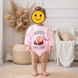 Sasaerucure Newborn Infant Baby Girl Game Day Outfit Huddles and Cuddles Football Baby Long Sleeve Romper Pink Bow Onesie (Pink, 12-18 Months)