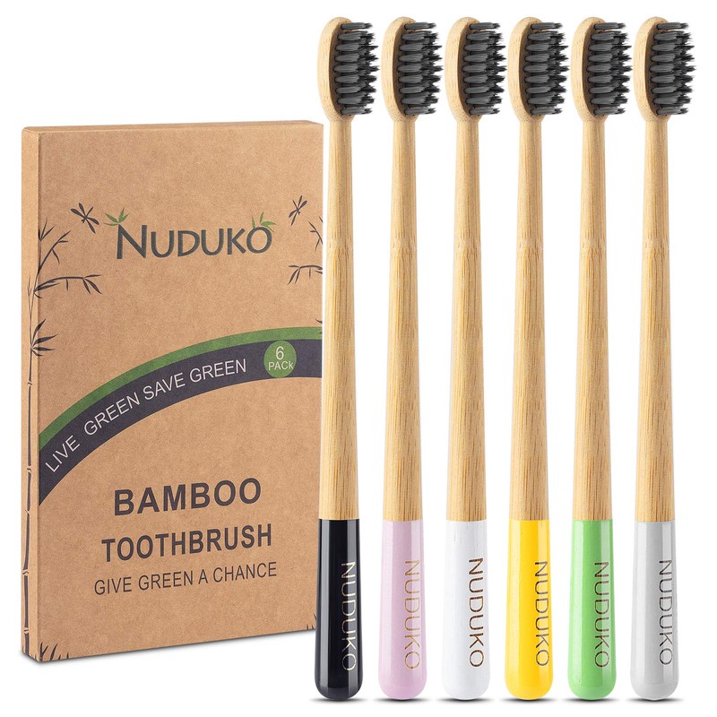 NUDUKO Biodegradable Charcoal Toothbrush Bamboo Toothbrushes - 6 Pack Eco-Friendly,