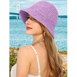 Rulala Fancy Womens Sun Hat Handmade Straw Bucket UV Protection Wide Brim Packable Travel Beach Cap for Summer UPF 50+(Purple)