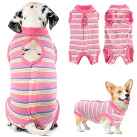 AUTOWT Dog Surgery Recovery Suit, Dog Cone E-Collar Alternative After Surgery Dog Onesie, Surgical Spay Suit Abdominal Wounds Protect, Anti-Licking Pet Vest for Female Male Dog, Pink with Stripes, M