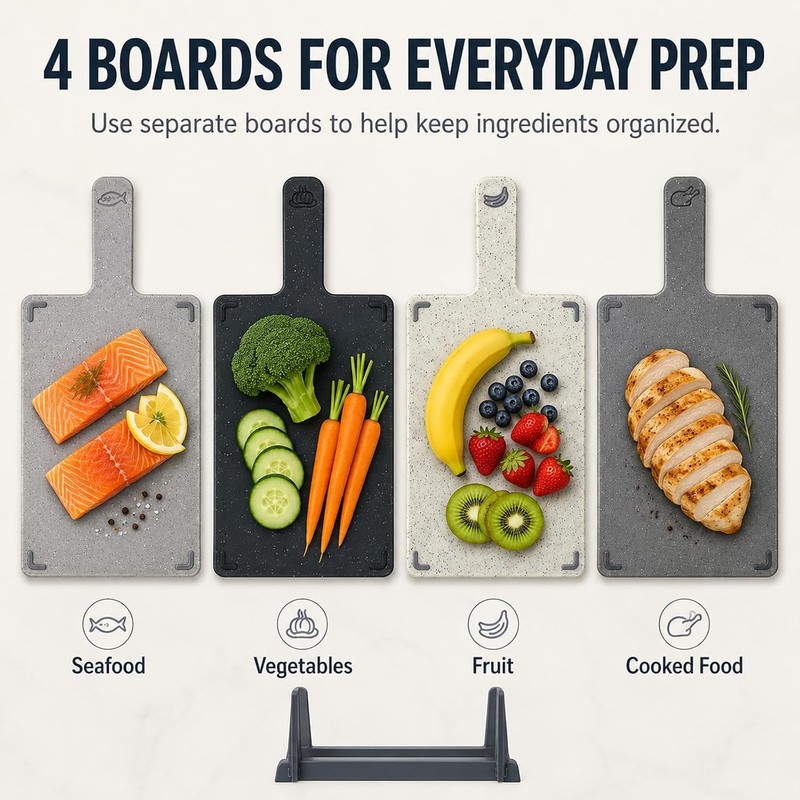 4PCS Small Cutting Board Set with Holder, Color Coded Plastic
