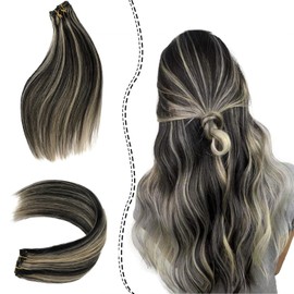 OiMiGO Human Hair Extensions, Black with Blonde Highlights Clip in Extension Black and Honey Blonde Invisible Clip ins 5 Pieces 16Inch 70g Straight Real Remy Human Hair Clips on Extension