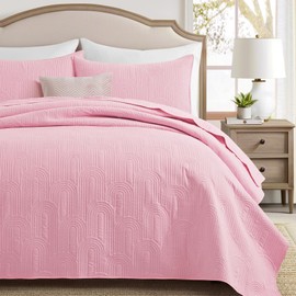 Lavsiry Quilt King Size with Pillow Shams, Summer Lightweight Arch Pattern Bedspreads, Soft Microfiber Coverlet Thin Comforter Bedding Set for All Seasons - Pink, 106"x96"