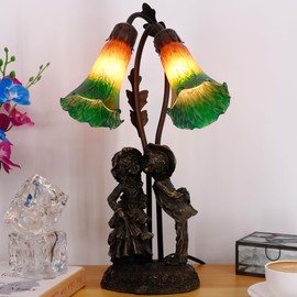 ANYONGLU Lily Lamp Tiffany Style Table Lamp 18.5 Inch Tall Tulip Flower Accent Desk Lamp with Bronze Resin Sculpture Base (2-Light/Brown Blue)
