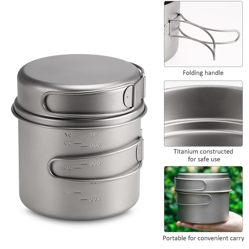 1100ML / 1600ML Titanium Pot Pan Set Super Lightweight Camping